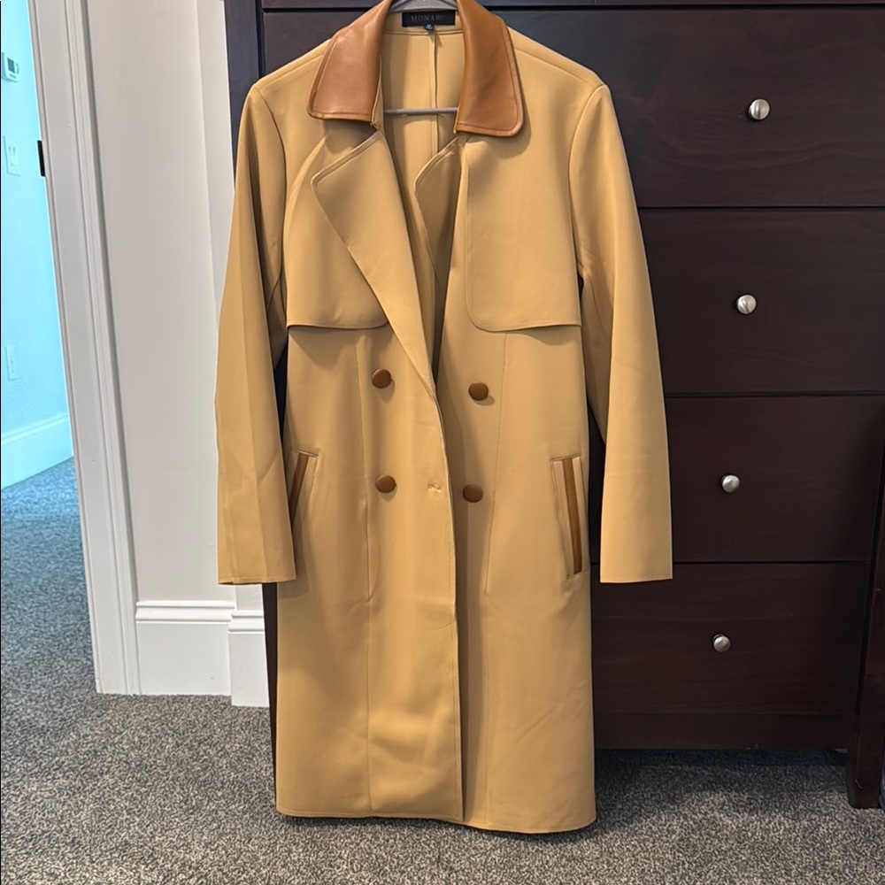 Women's Tan Double-Breasted Belted Trench Coat with Faux Leather Accents